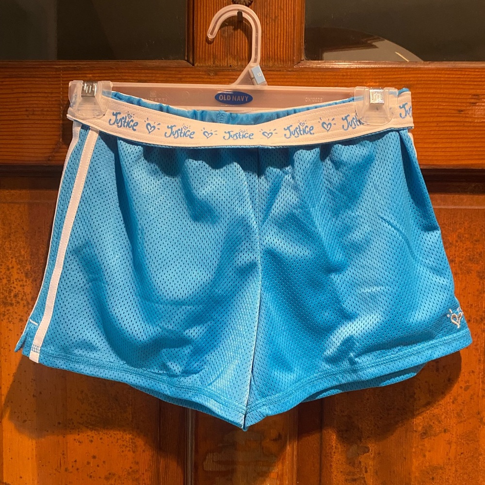Justice Light Blue Mesh Athletic Shorts with White Trim
